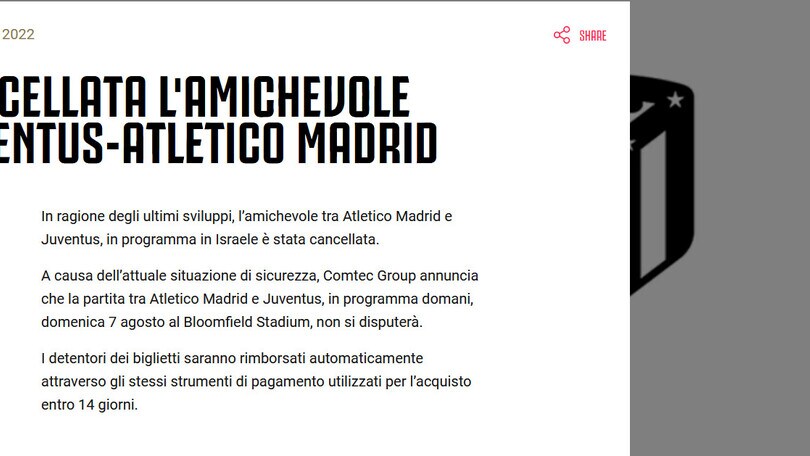 Ufficiale: Juve-Atletico Madrid sospesa: non si gioca a Tel Aviv