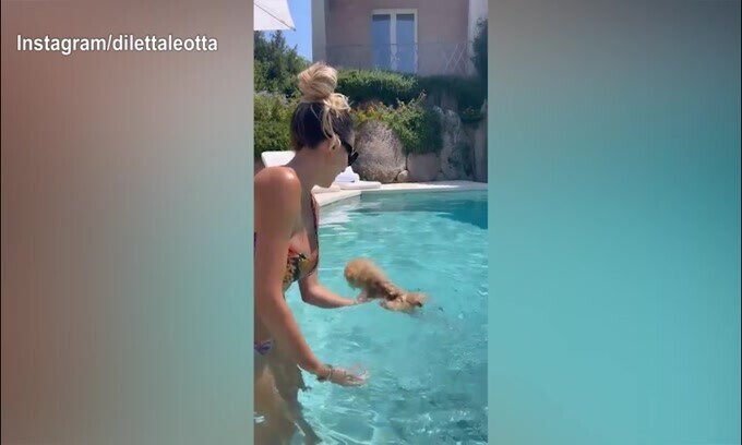 Diletta Leotta in acqua con...un cagnolino!
