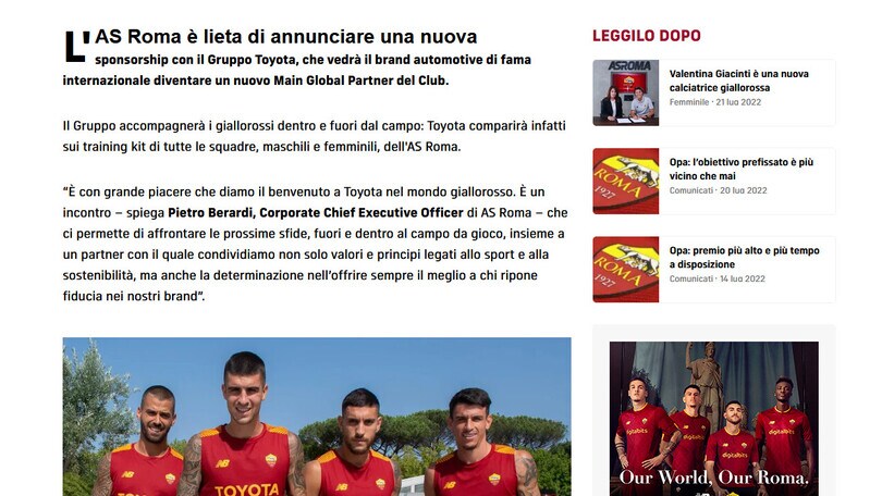 Roma-Gruppo Toyota, nuova sponsorship per i giallorossi