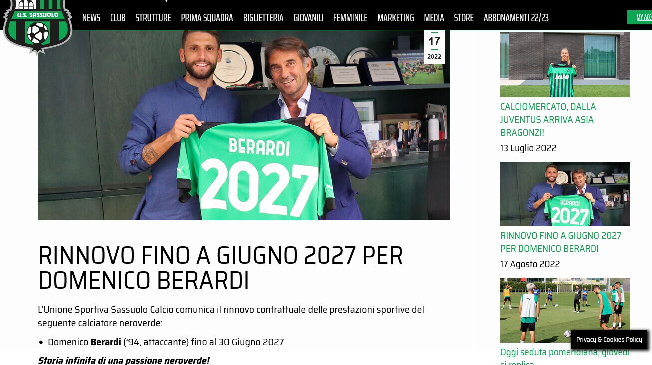 Ufficiale: Sassuolo-Berardi, avanti fino al 2027