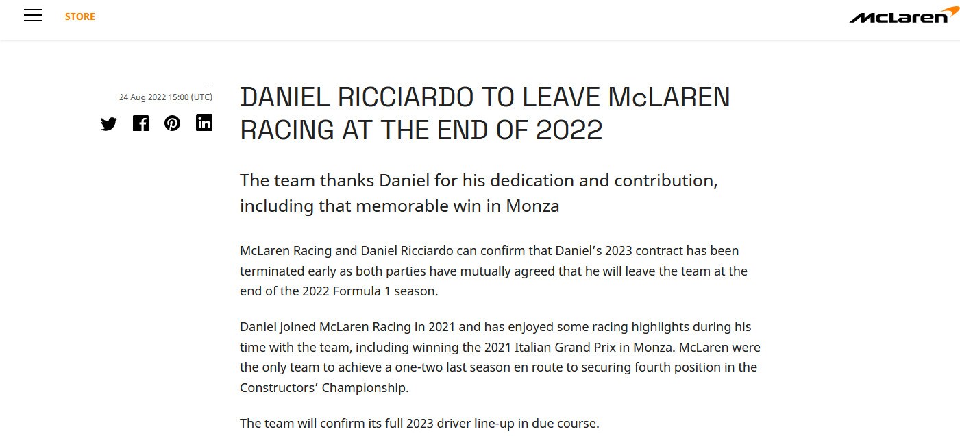 F1, ufficiale: la McLaren annuncia l'addio con Ricciardo a fine 2022