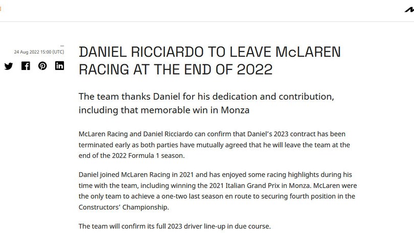 F1, ufficiale: la McLaren annuncia l'addio con Ricciardo a fine 2022