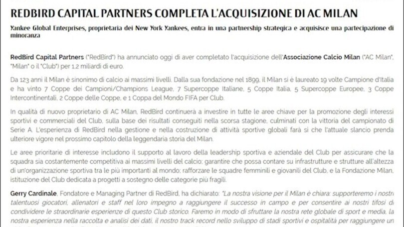 Ufficiale: Redbird nuovo proprietario del Milan