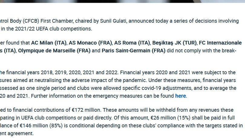 Uefa, fair play finanziario: arrivano le multe per Milan, Inter, Juve e Roma