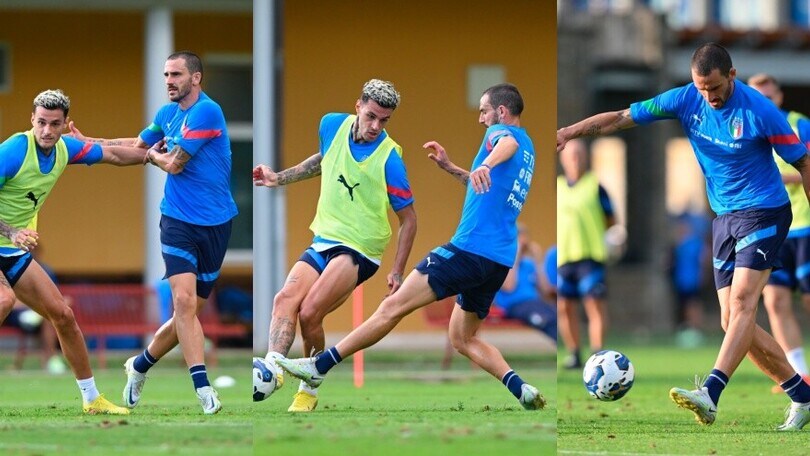 Italia, che sfida tra Scamacca e Bonucci in allenamento!