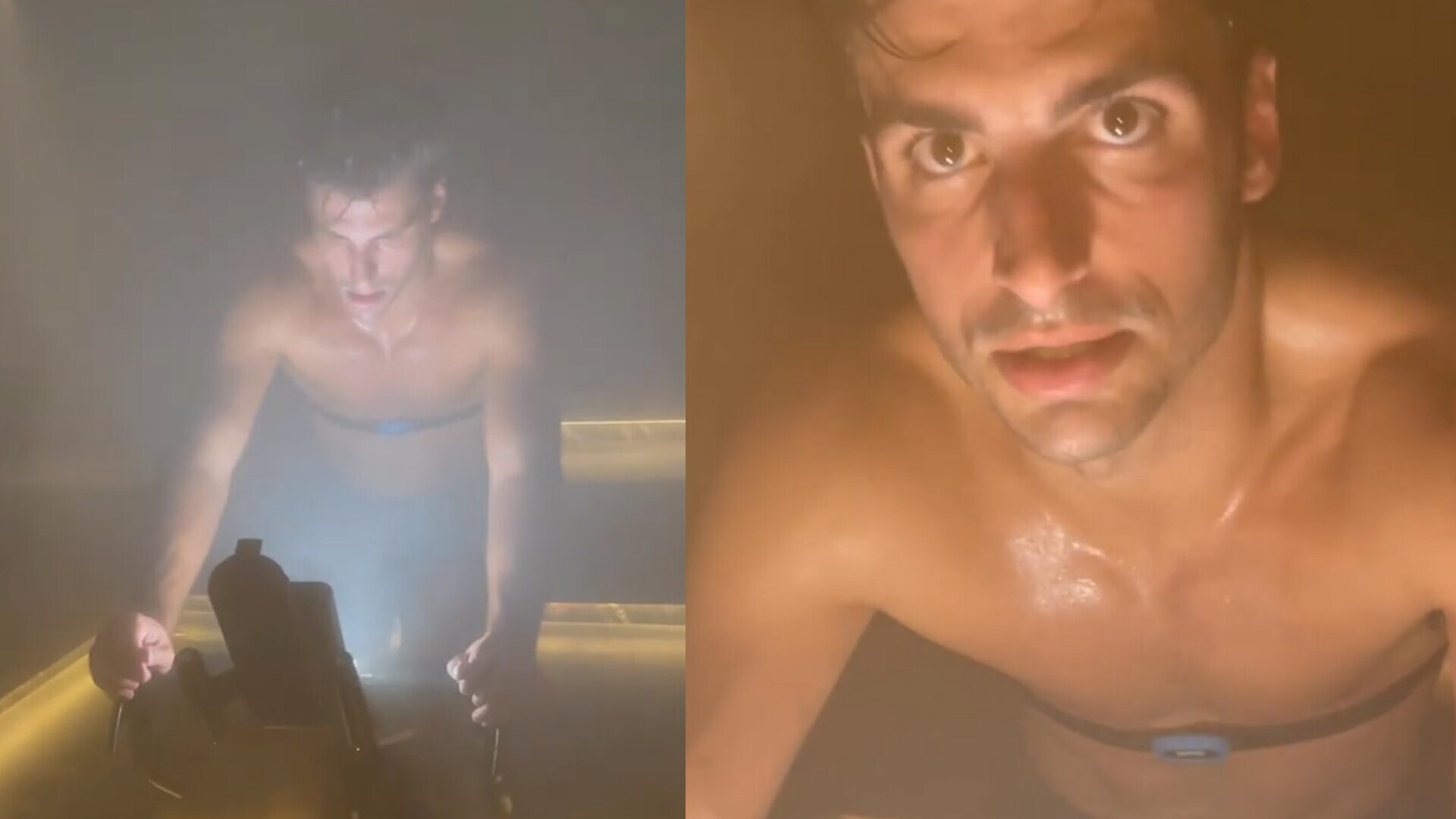 Carlos Sainz si allena con la cyclette nella sauna