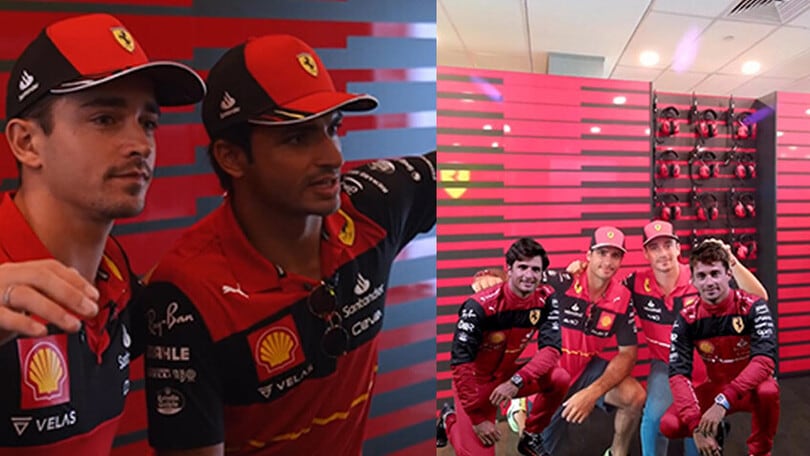 Leclerc e Sainz in posa per una foto con tutti i fan