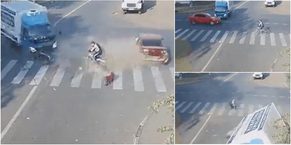 Che scontro tra auto e camion: e il ciclista in mezzo? Neanche un graffio