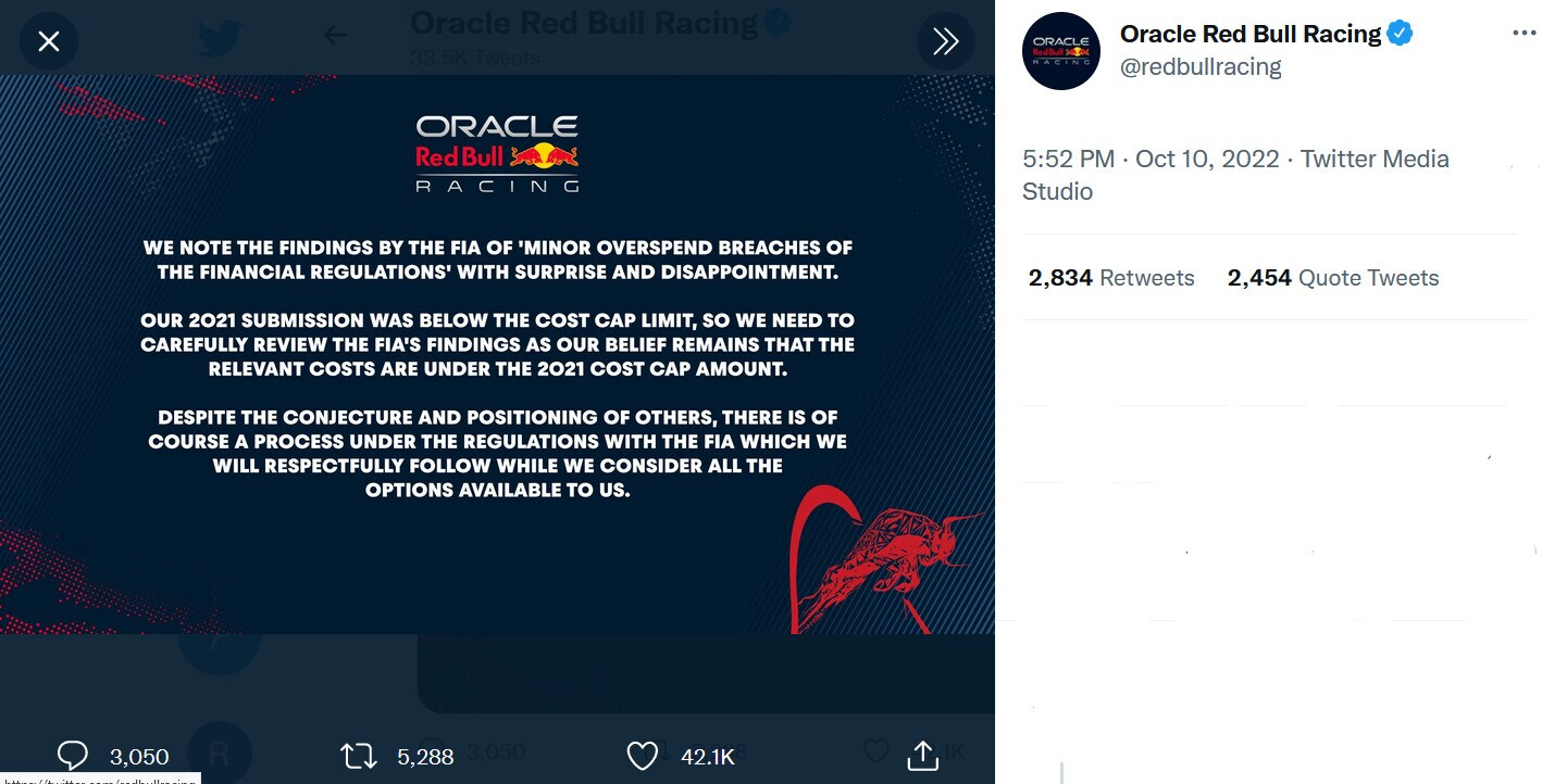 F1, questione budget cup: la replica della Red Bull alla Fia