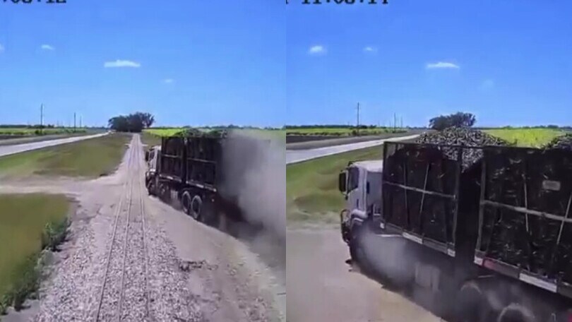 Camion che trasporta legname viene travolto da un treno