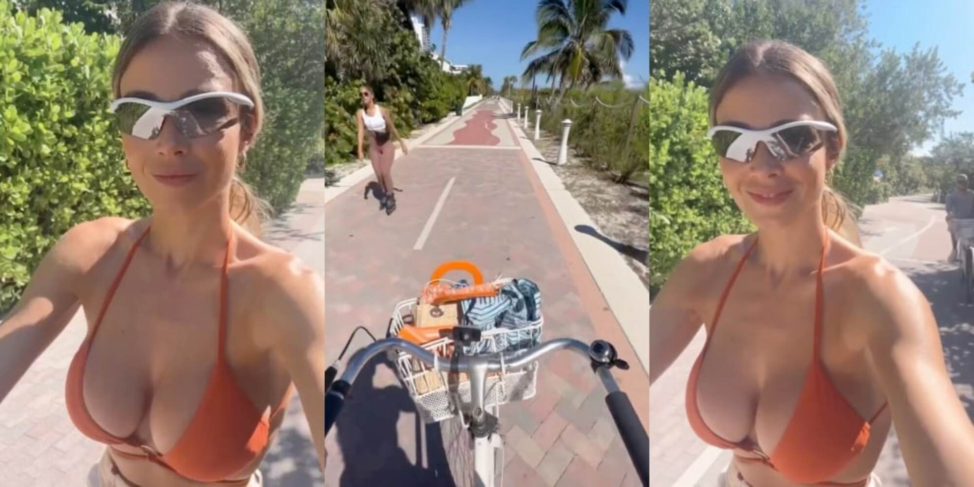 Diletta in bikini per le vie di Miami con la bici: chi è quello che sbuca dietro?