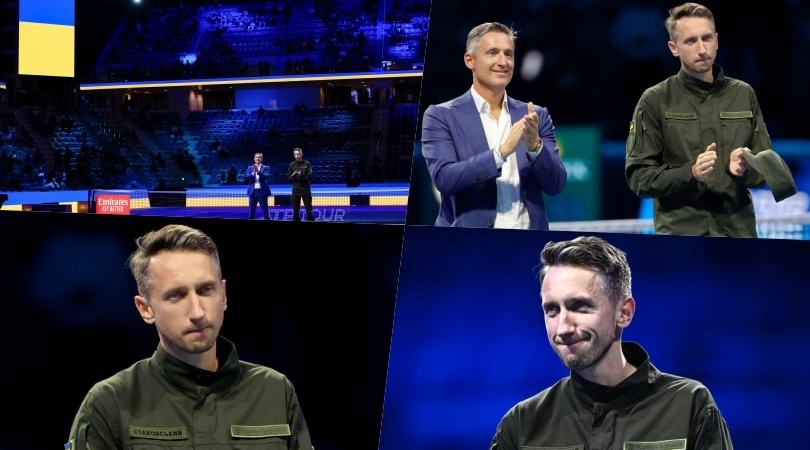 Atp Finals Torino, Stakhovsky in campo indossando la divisa dell'esercito ucraino