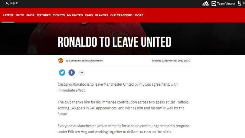 Ufficiale, Manchester United: CR7 non è più un giocatore del club