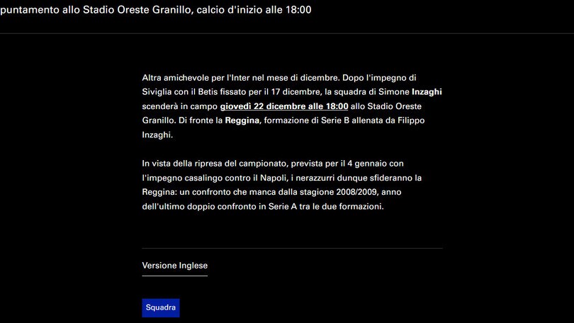 Ufficiale, il 22 dicembre amichevole tra Reggina ed Inter