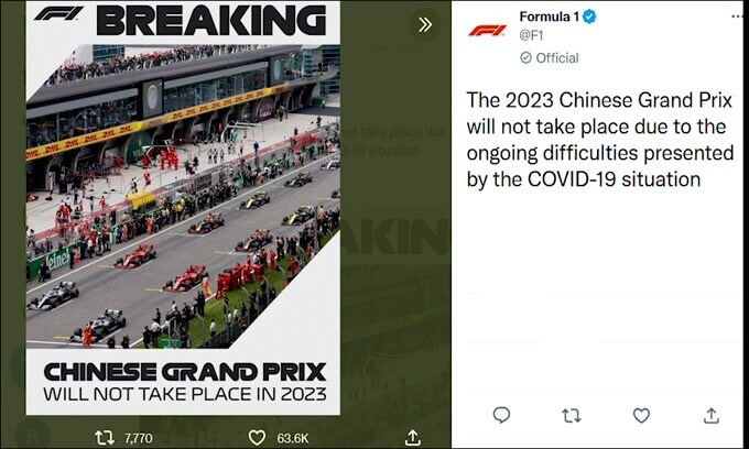 F1, niente Gp di Cina nel 2023