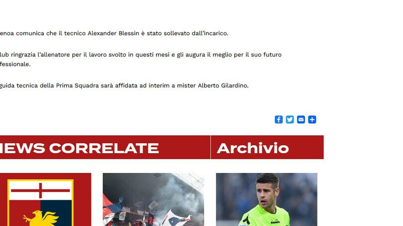 Genoa, esonerato Blessin: al suo posto Gilardino