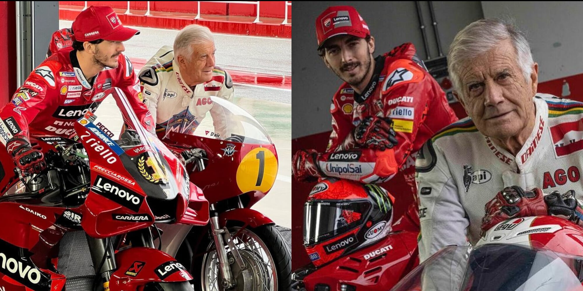 Ducati, incontro tra campioni a Misano: Bagnaia posa con Agostini