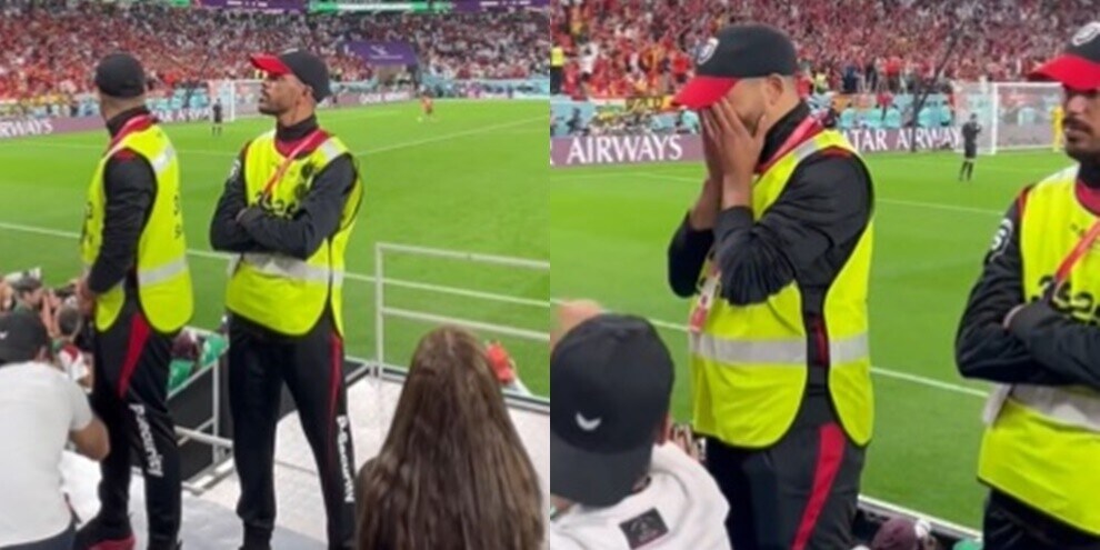 Il Marocco batte la Spagna ai rigori: l'emozione dello steward di spalle