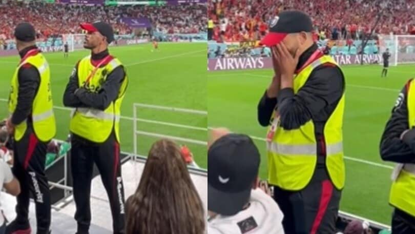 Il Marocco batte la Spagna ai rigori: l'emozione dello steward di spalle