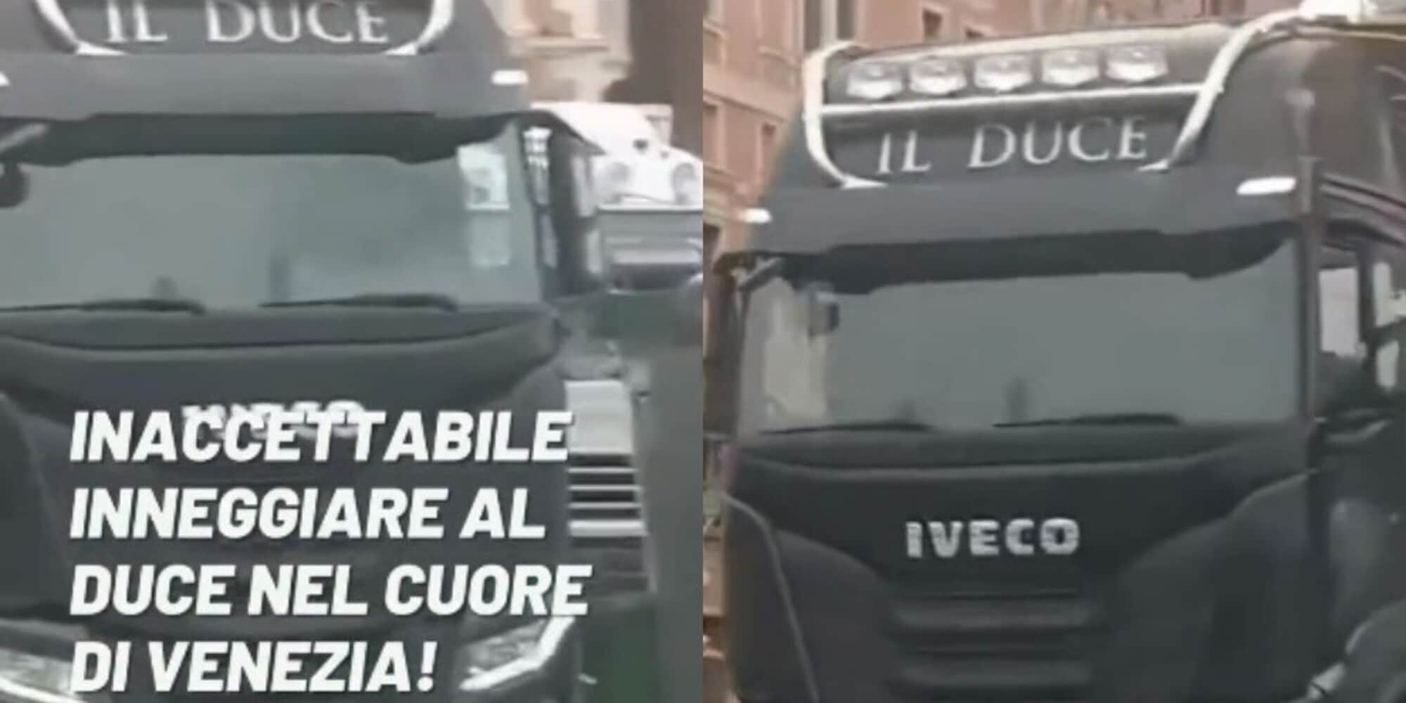 A Venezia spunta il camion nero che inneggia a Mussolini