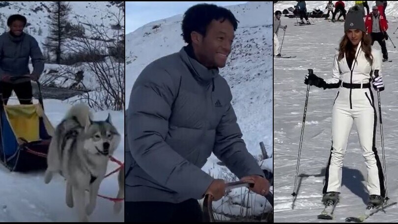 Cuadrado, che show sulla neve con la slitta! E la moglie scia in bianconero