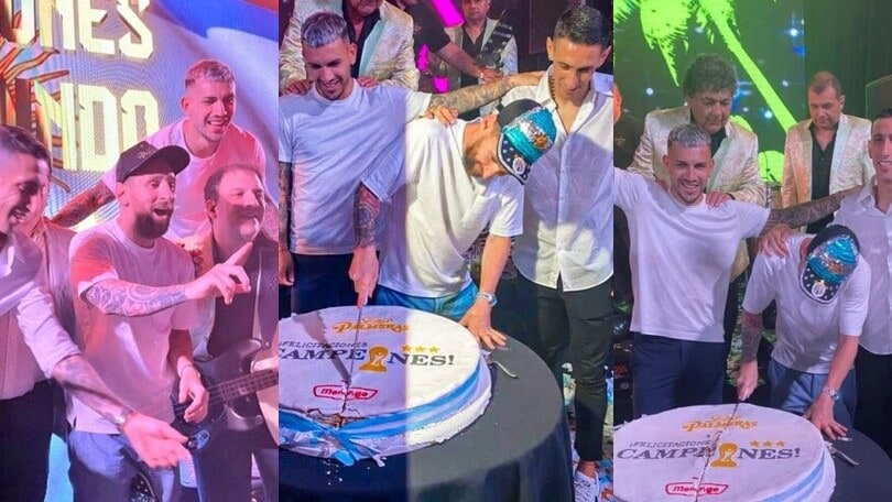 Argentina, festa infinita: Messi taglia la torta al fianco di Paredes e Di Maria