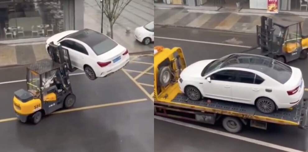 Una soluzione veloce per rimuovere le auto? Usare un...muletto!