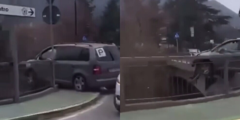 Brescia, sfonda la ringhiera del ponte e resta a picco sul fiume
