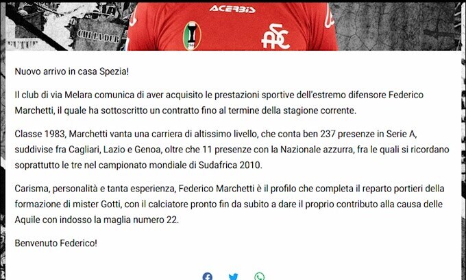 Spezia, ingaggiato Federico Marchetti