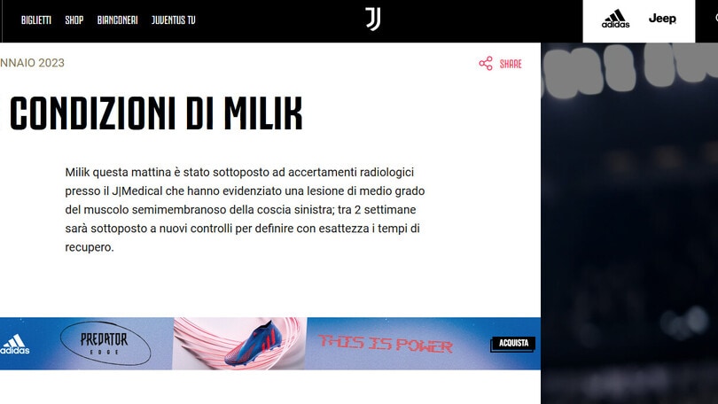 Juve, infortunio Milik: out un mese?