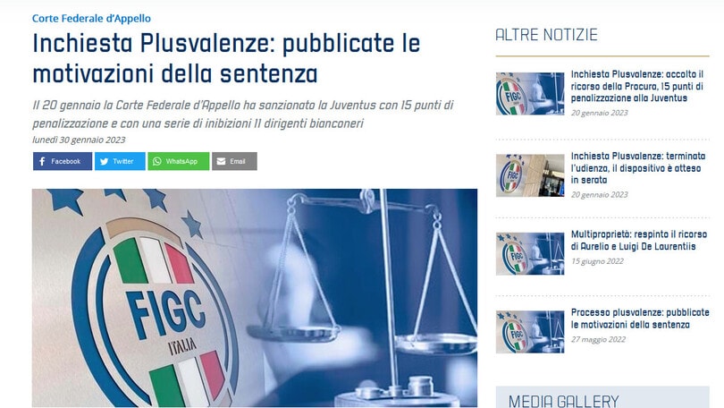 Juventus, le motivazioni della sentenza del -15