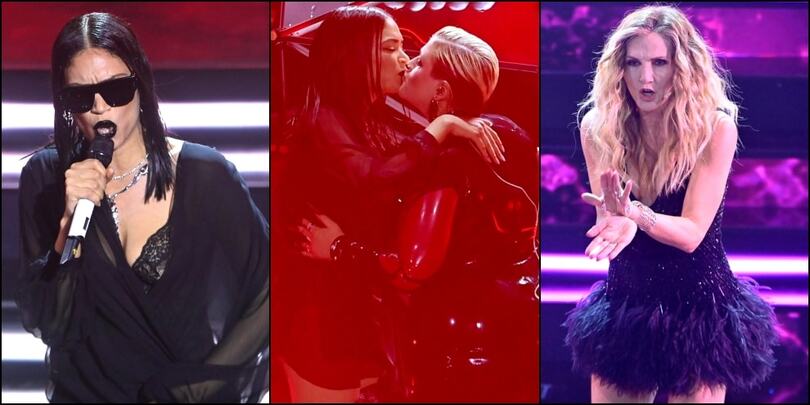 Sanremo, Elodie: bacio lesbo a BigMama. I look della Cuccarini e Chiara Francini
