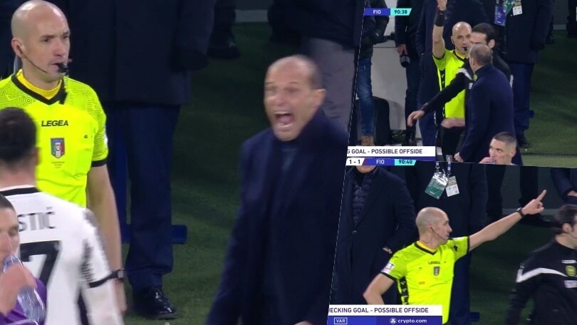 Allegri e l'esultanza dopo il gol annullato alla Fiorentina: Fabbri lo ammonisce