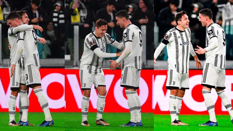 Vlahovic a segno in Juve-Nantes: che esultanza con Chiesa dopo il gol