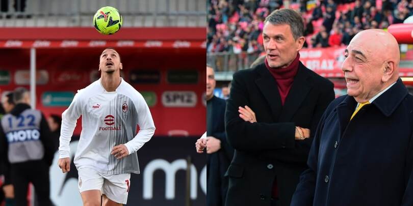 Ibrahimovic giocoliere nel riscaldamento: Maldini e Galliani osservano con il sorriso