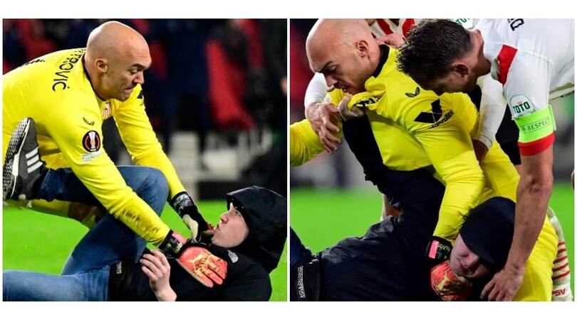Europa League, invasore attacca il portiere ma viene steso FOTO