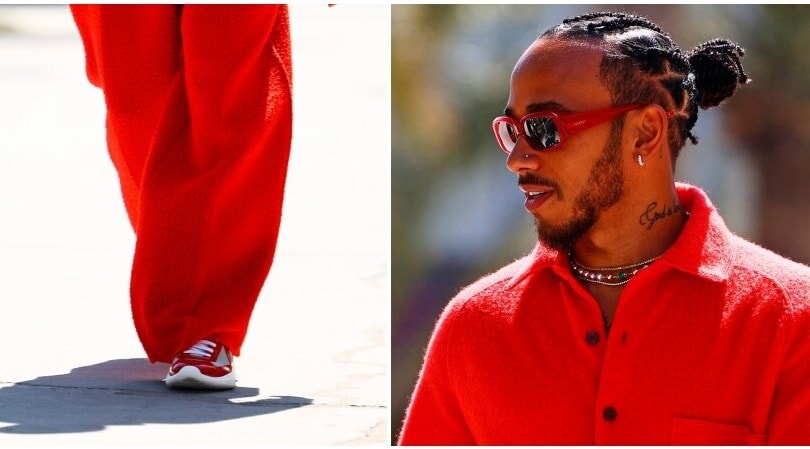 Hamilton, look rosso Ferrari in Bahrain