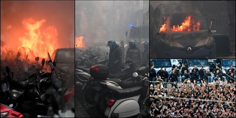 Napoli, alta tensione per i tifosi dell'Eintracht: scontri e fiamme in centro