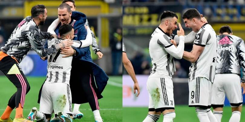 Kostic, abbraccio con Bonucci ed esultanza con Vlahovic dopo il gol