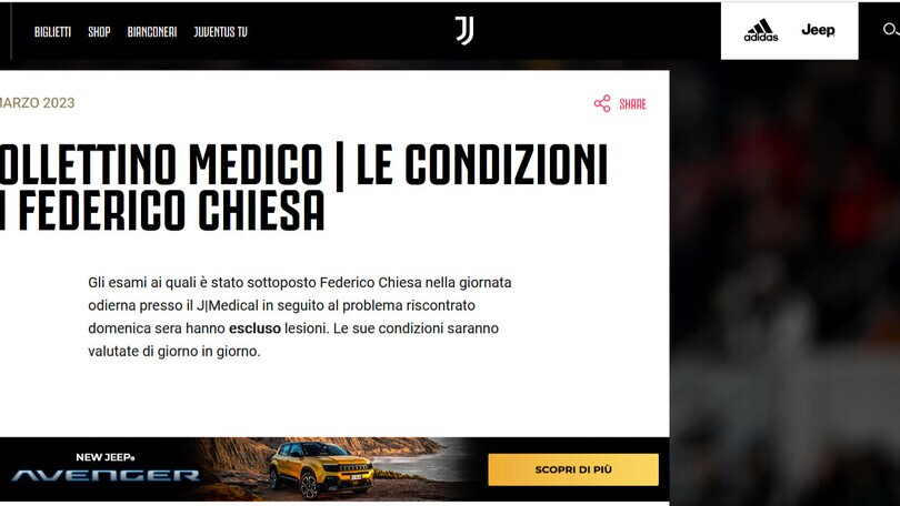 Juve, sospiro di sollievo: escluse lesioni per Chiesa