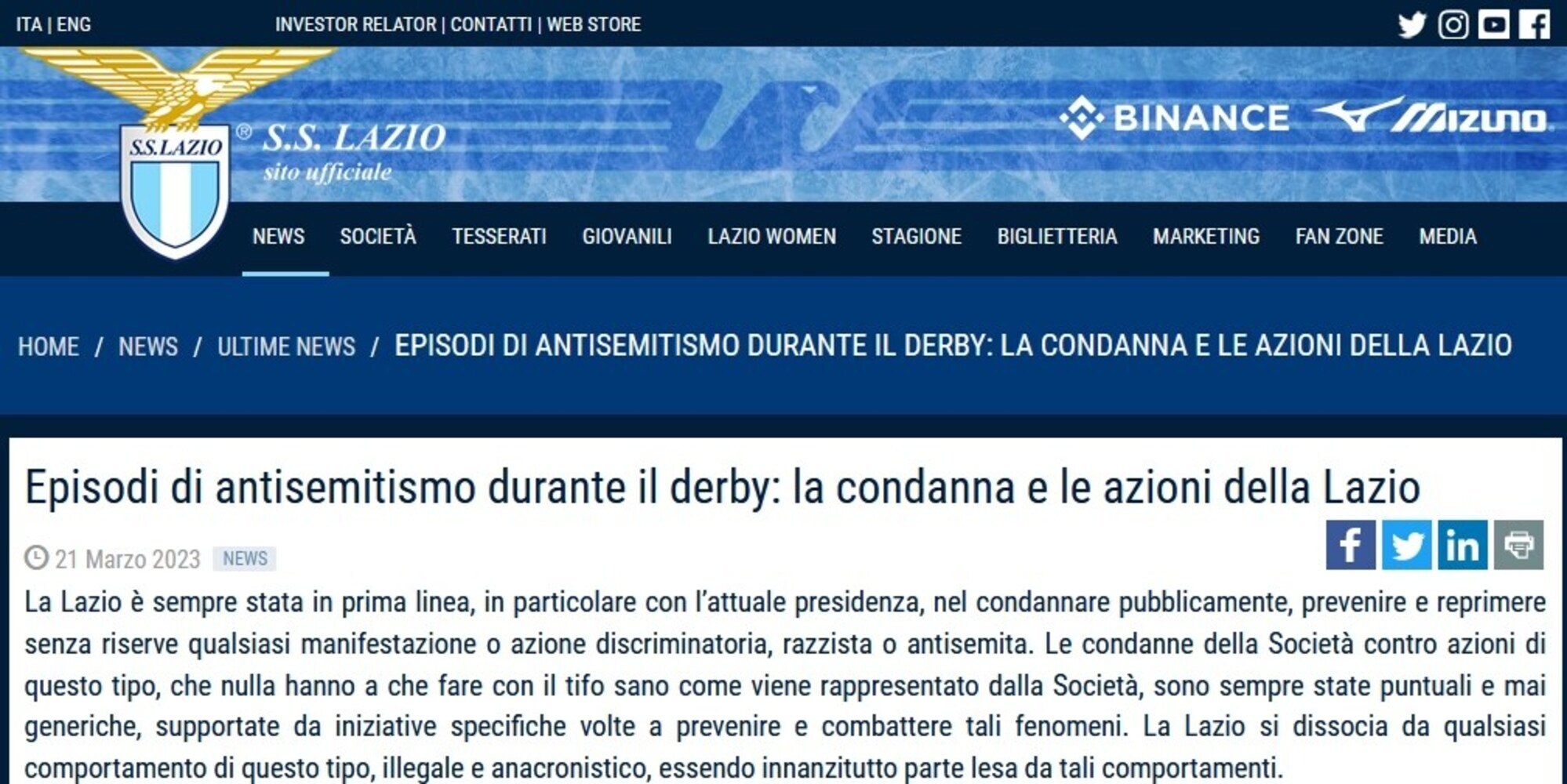 Derby, la Lazio condanna gli episodi di antisemitismo: il comunicato