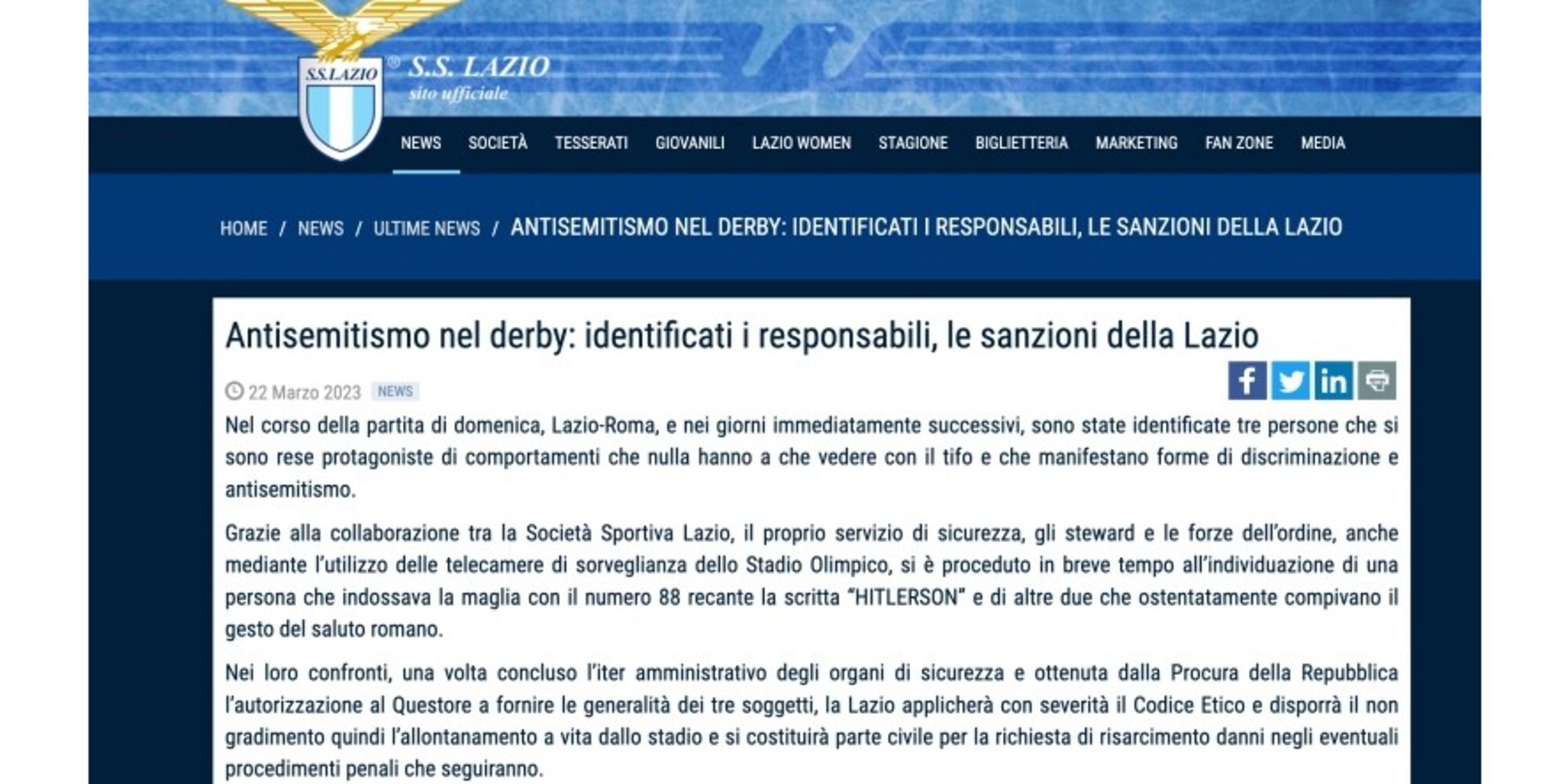 Antisemitismo nel derby: la Lazio allontana a vita i tre responsabili