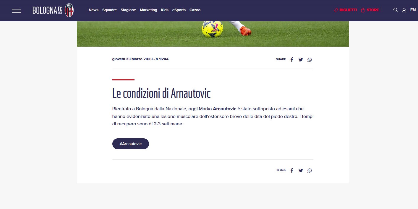 Bologna, stop Arnautovic: out 2-3 settimane