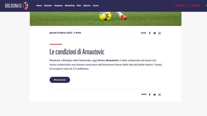 Bologna, stop Arnautovic: out 2-3 settimane