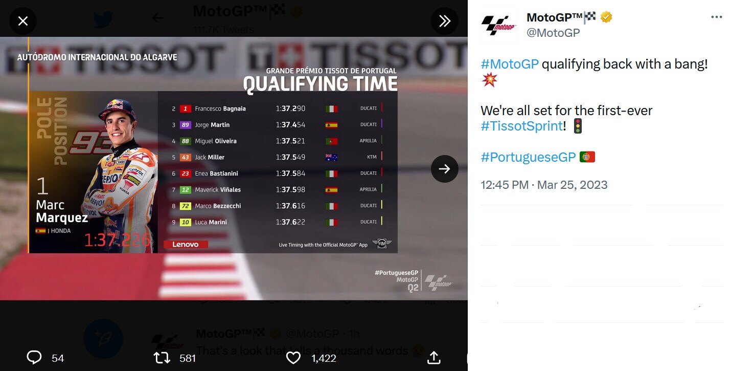Moto Gp, Portogallo: pole record per Marquez, Bagnaia secondo