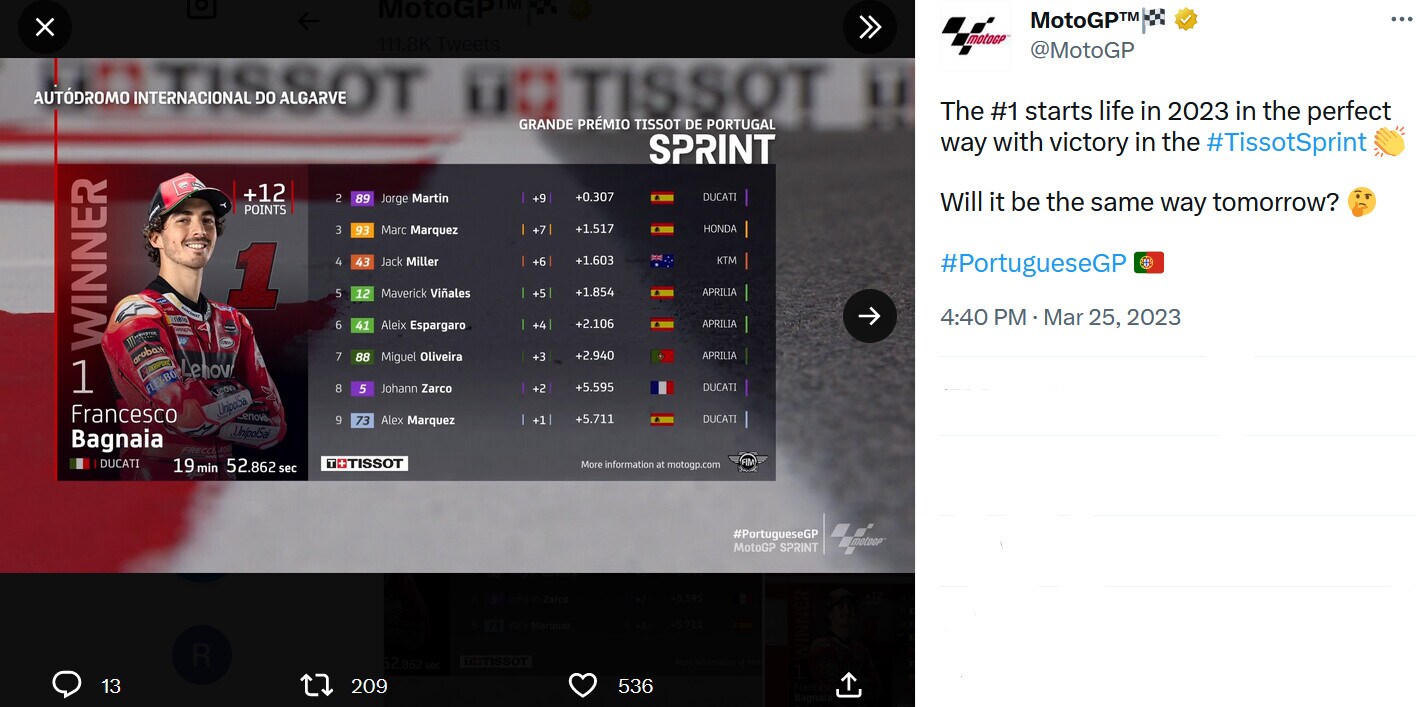 MotoGP, GP Portogallo: Bagnaia conquista la Sprint Race, Martin 2°