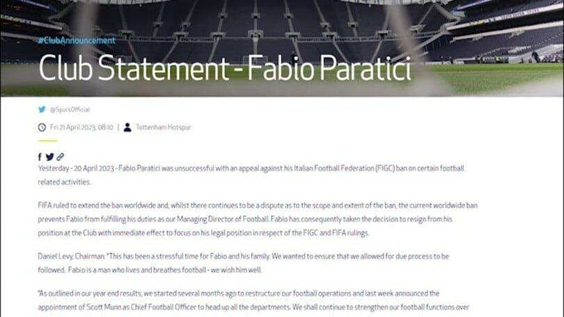 Processo Juve, Paratici si dimette dal Tottenham