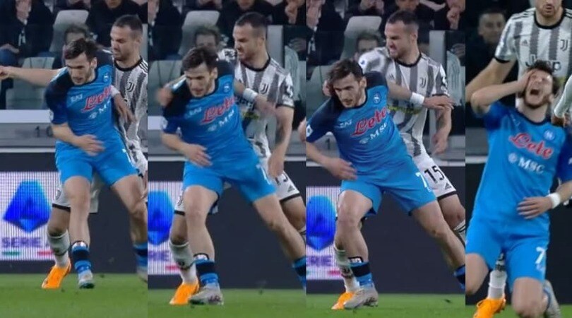 Juve-Napoli, il colpo di Gatti sulla spalla di Kvaratskhelia