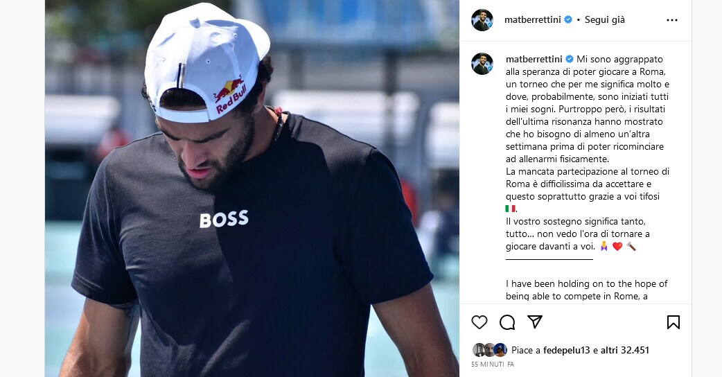 Tennis, niente Internazionali di Roma per Berrettini