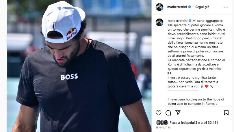 Tennis, niente Internazionali di Roma per Berrettini